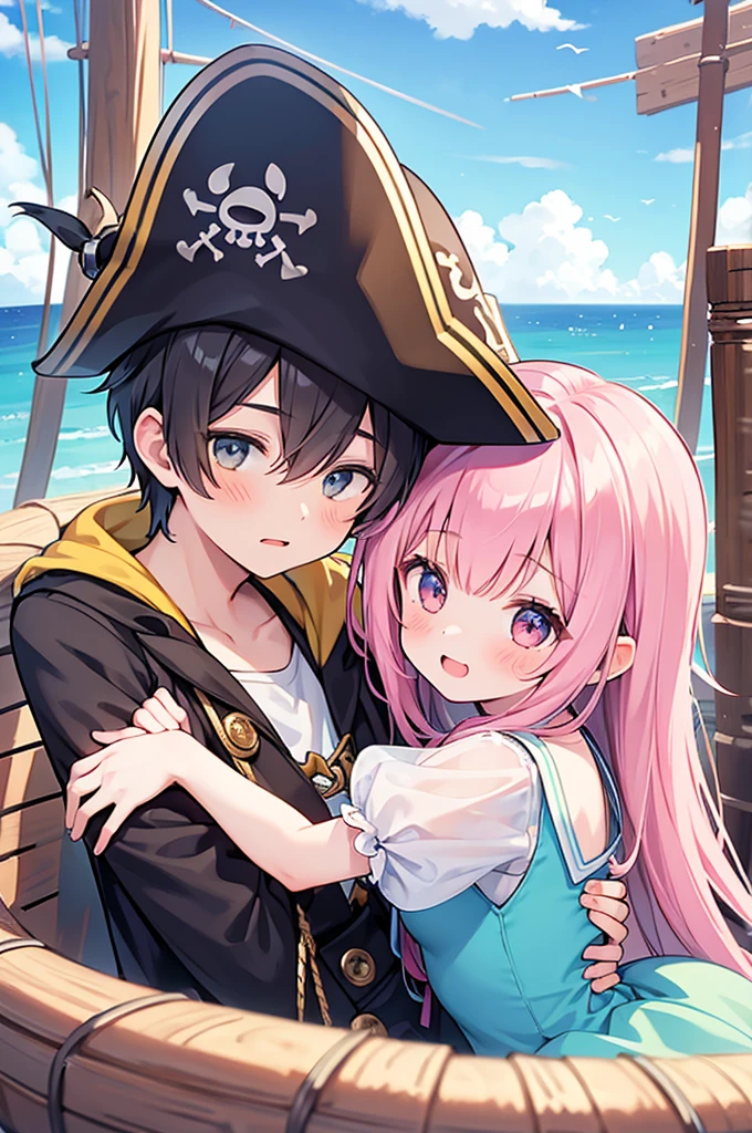(1girl,1boy,hug), (pirate boy), (Girl, princess), Holding on mast,
