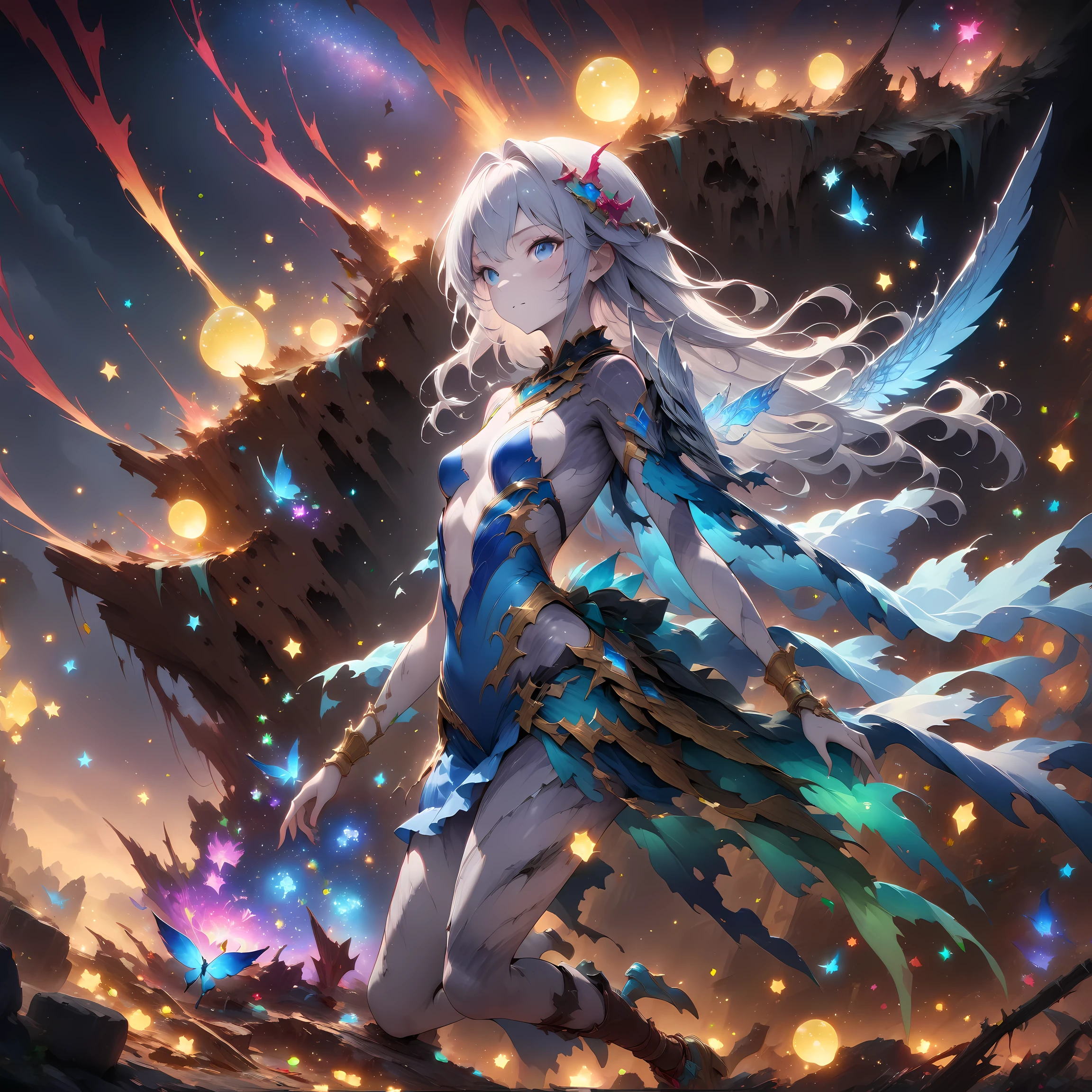 ((masterpiece, best quality, ultra-detailed, an extremely delicate and beautiful)), ((extremely detailed CG unity 8k wallpaper)), ((award winning, ccurate, UHD, textured skin, chromatic aberration, perfect anatomy, Fujicolor)), (concept art, fantasy art), ((((fantasy))), ung nymph flying on the ruin, at night, fantastical starry sky, small breasts, short body, silver semi-long hair, innocent blue eyes, wearing graceful azure dress, silver wing, shining colorful gems, bule moon, exquisite attention to detail, ((perfect_composition, perfect_design, perfect_layout, perfect_detail, ultra_detailed)), ((aesthetic harmony))