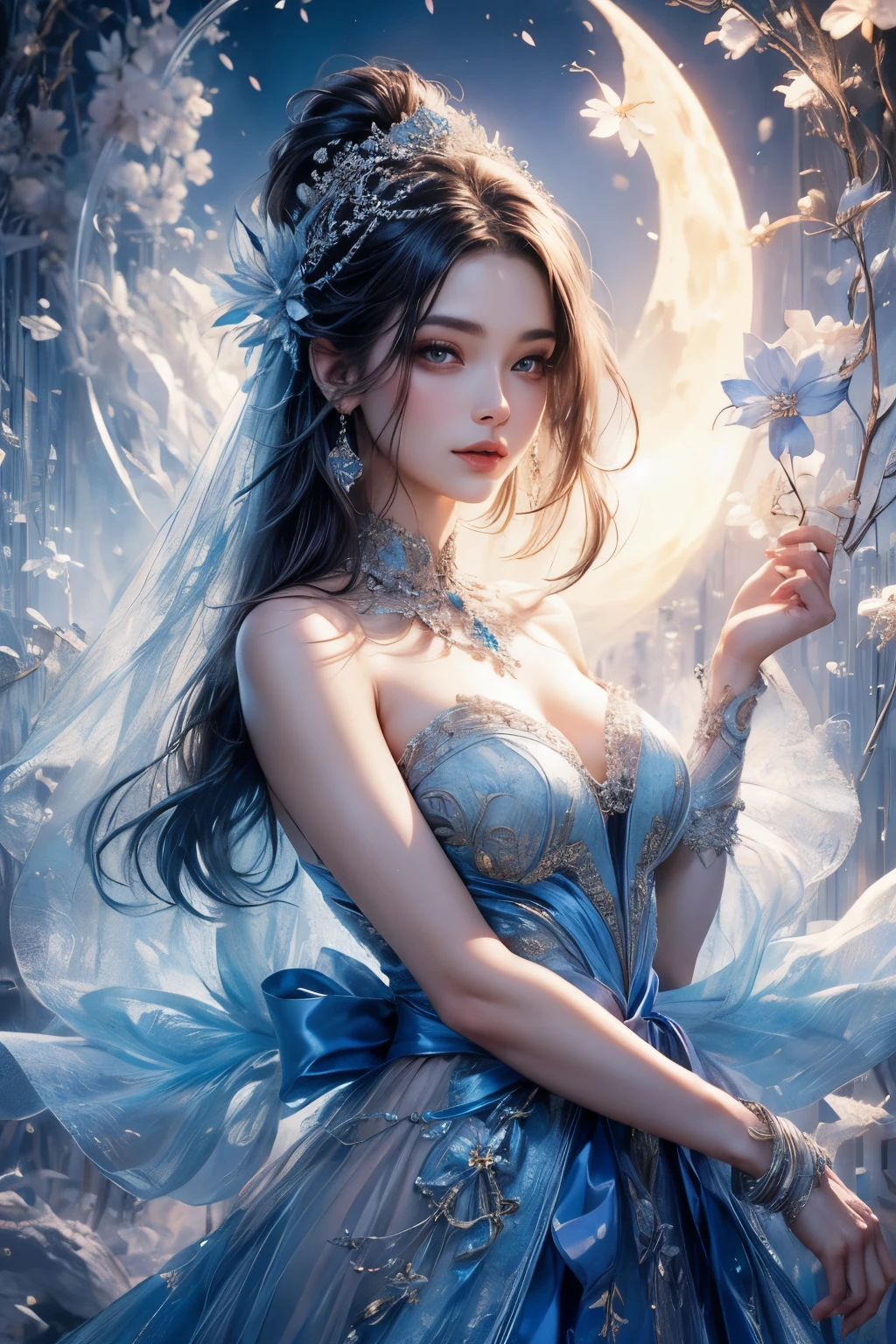 (top quality, 4K), Charming witch woman, Public Dress Code,Showing off the exquisitely designed princess dresses, Stately decorated with blue hues, Ultra-detailed description shows every detail, The tulle fabric is elegant and flowing, Brocade or velvet texture with sparkles, The exquisite headdress highlights her noble temperament, Blue gemstones and delicate silk thread decoration, Expressive and asymmetrical facial features, Clearly show fabric folds, A bright halo surrounds her, The moonlight flickered on her skirt, The incandescent atmosphere evokes the eternal, Ethereal charm.