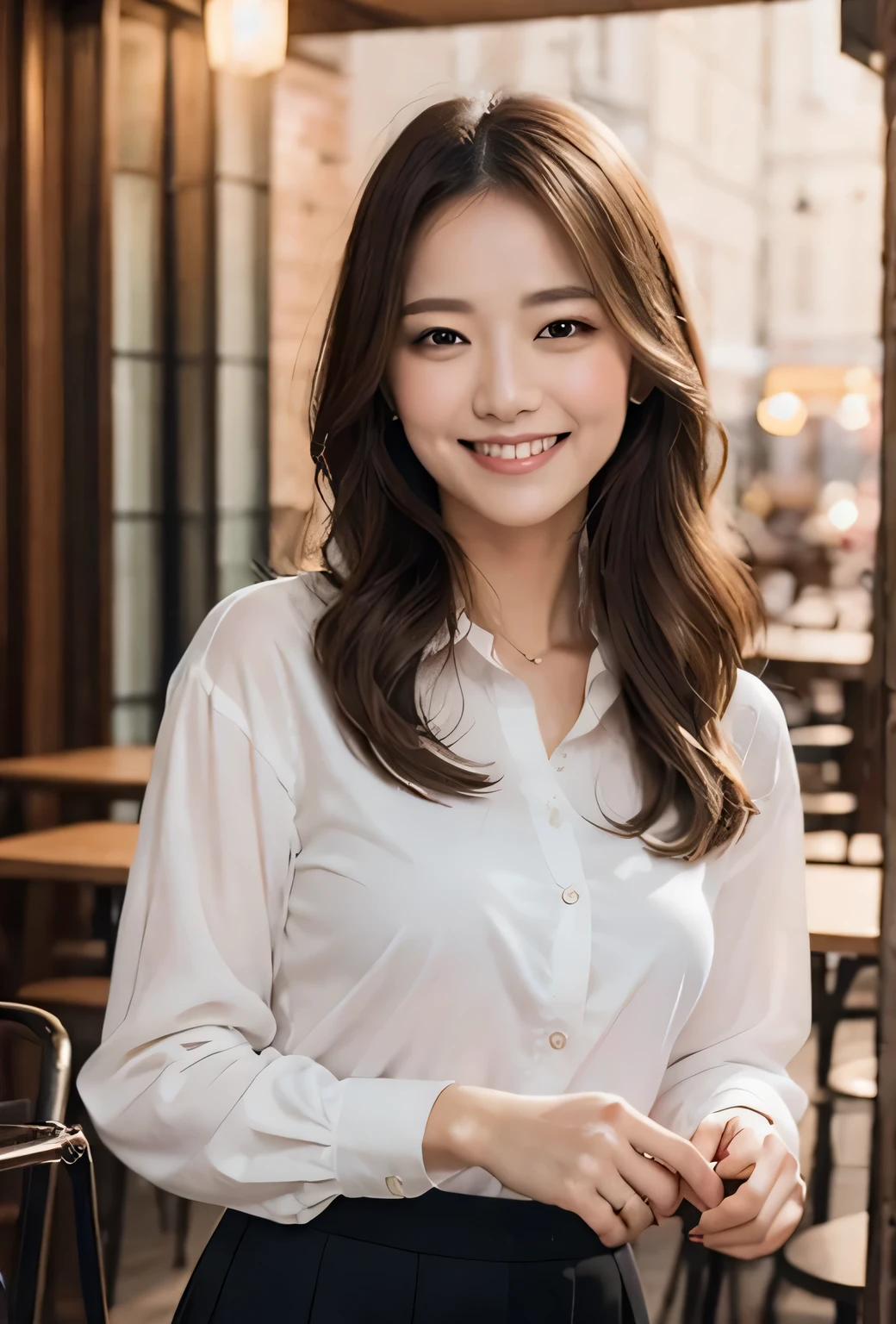 (8K, highest quality, masterpiece: 1.2), (realistic, photorealistic: 1.37), Super detailed, single girl, cute, alone, midnight, beautiful detailed sky, Detailed cafe, sitting, date, (blush), (smile: 1.15), small breasts (closed your mouth), beautiful small eyes, Floating hair NovaFrogStyle, white cutter shirt