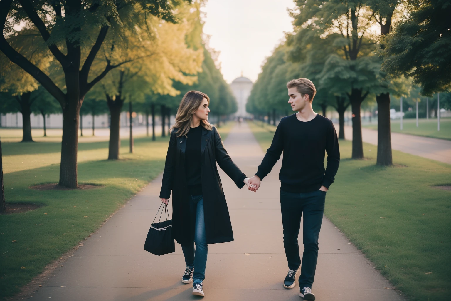 Berlin, 2014. ((((35-year-old)) Clara Ferran)), in the park, walking with her boyfriend, holding hands, ((((clothings from the 2010s)))), ((dark-blonde hairstyle of the 2010s))