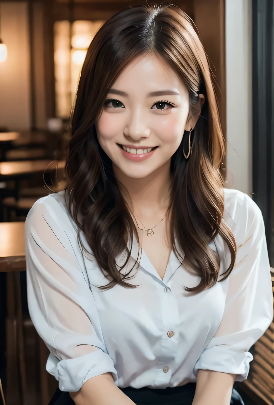 (8K, highest quality, masterpiece: 1.2), (realistic, photorealistic: 1.37), Super detailed, single girl, cute, alone, midnight, beautiful detailed sky, Detailed cafe, sitting, date, (blush), (smile: 1.15), small breasts (closed your mouth), beautiful small eyes, Floating hair NovaFrogStyle, white cutter shirt