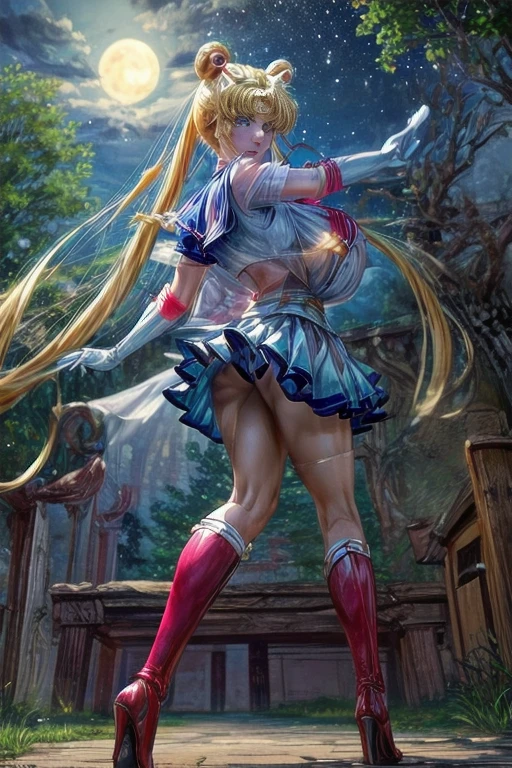 masterpiece, best quality, (1girl), supersailormoon, detailed face, smile, nigh sky, moonlight, moon, sakura trees, white gloves, detailed eyes, detailed face, fullbody, galazy background, gigantic breasts, giga_busty, back view from below