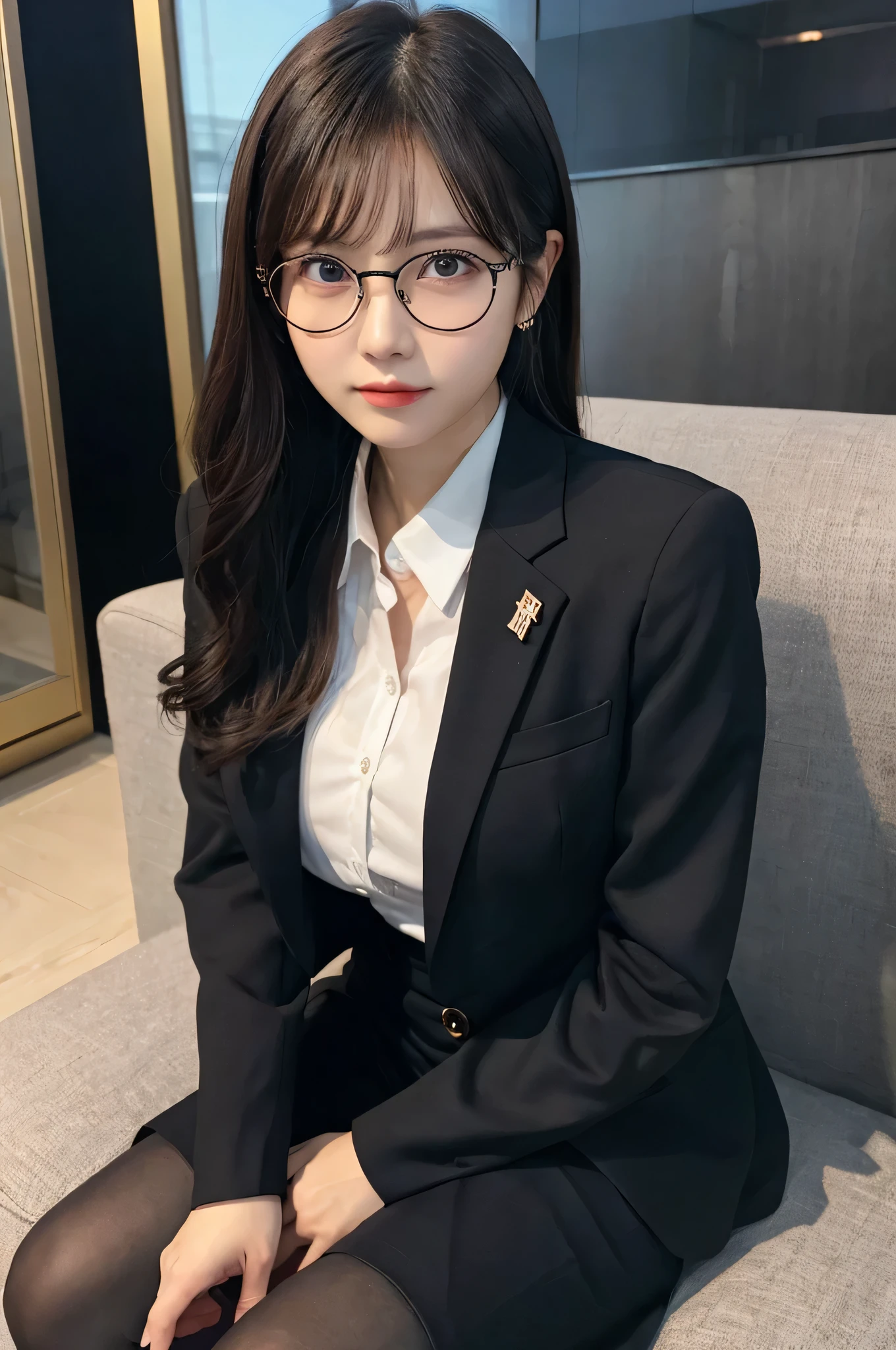 ulzzang -6500-v1.1, masutepiece, , best qualtiy,、Ultra Detail, Classy elite woman in a suit and glasses poses for a photo, Sit on the couch and cross your legs、wearing a suit and glasses, Wearing a strict business suit, (Wear ultra-realistic pantyhose)、 in suit with black glasses, with black eyeglasses, Girl in suit, with glasses, Girl in a suit, in a strict suit, JK Uniform, japanese girl , Wearing a business suit, Japan , Wearing a business suit, On Body, Tindall Effect, Realistic, Shadow Studio, Rim lighting, dual-tone lighting, (High Detail Skins: 1.2), 8K UHD, Digital SLR, Soft light, High quality, Volume Light, Sneak Shots, Photo, High resolution, 4K, 8K, Background blur, realistic skin textures、shinny skin、Exposed thighs!!!、