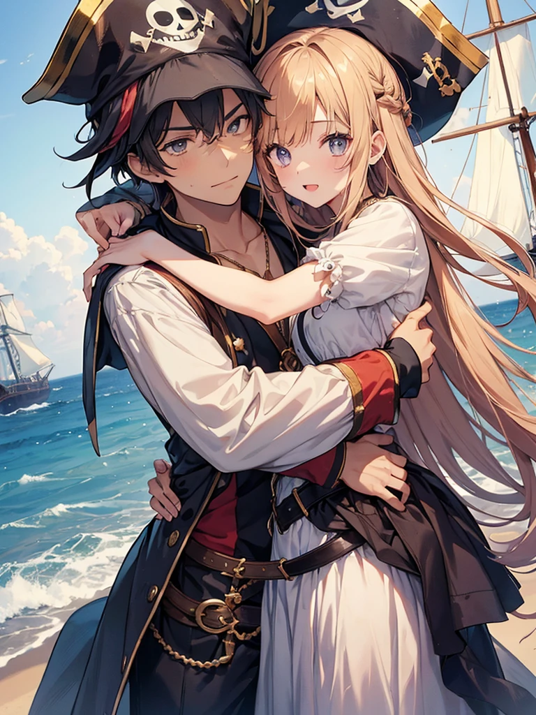 (1girl,1boy,hug), (pirate boy), (Girl, princess), Holding on mast,