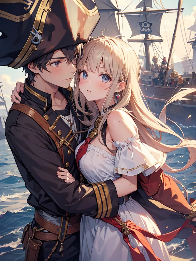(1girl,1boy,hug), (pirate boy), (Girl, princess), Holding on mast,