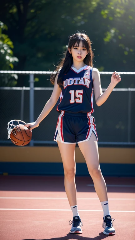 (8k, best quality, masterpiece:1.2), (photo-realistic:1.37), ultra-detailed, ultra high res, professional lighting, photon mapping, radiosity, physically-based rendering, cinematic lighting, basketball court, depth of field, sharp focus, sunbeam, good composition, (bokeh:1.2) 1 indonesian girl, (full body view), (white basket shoes), detailed eyes, pose, narrow waist, basketball uniform, black messy hair, long hair floating in wind, (ulzzang-6500:1.2) mix4, highbody