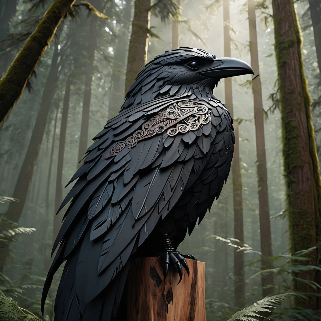 Crow-shaped Native American totem, hyper-detailed woodwork, adorned with feathers, beads, flock of black crows soaring above dense forest backdrop, embodying elegance, splendor, perfection, inspired by Ralph Lentjes, chiaroscuro, high contrast, textured look, Miki Asai Macro photography influence, trending on Artstation, sharp focus, studio photography, intricate beadwork details, immaculate composition, intricate details as seen in octane rendering, High Resolution, High Quality, Masterpiece