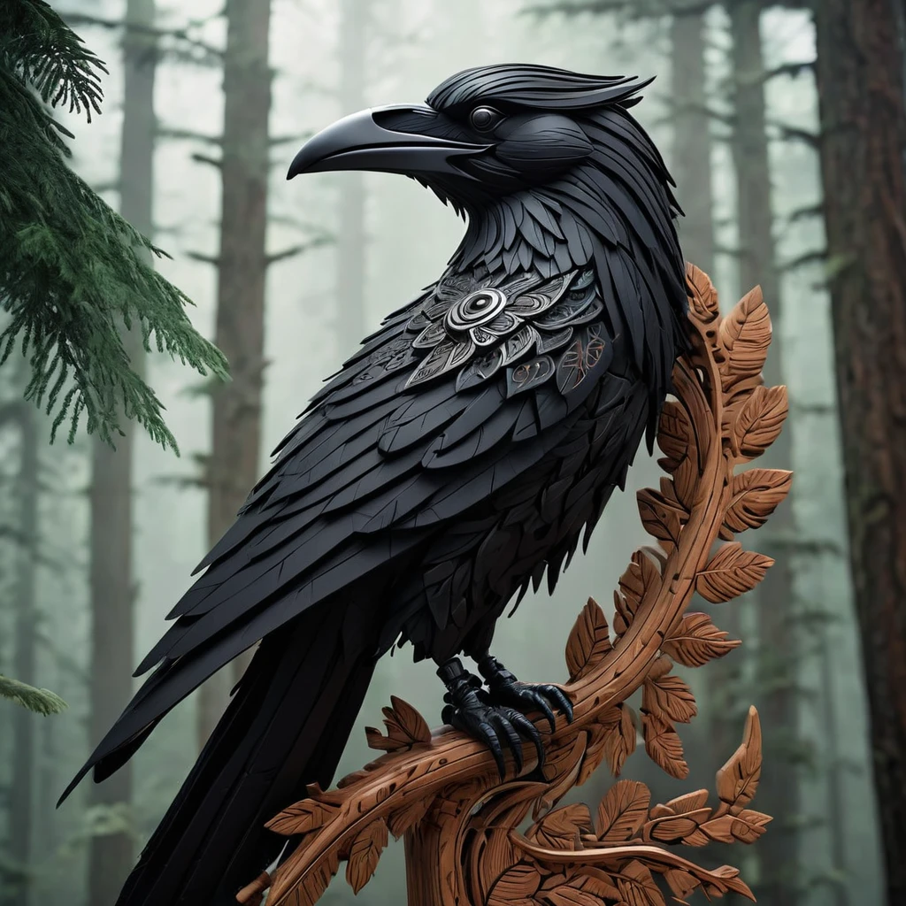 Crow-shaped Native American totem, hyper-detailed woodwork, adorned with feathers, beads, flock of black crows soaring above dense forest backdrop, embodying elegance, splendor, perfection, inspired by Ralph Lentjes, chiaroscuro, high contrast, textured look, Miki Asai Macro photography influence, trending on Artstation, sharp focus, studio photography, intricate beadwork details, immaculate composition, intricate details as seen in octane rendering, High Resolution, High Quality, Masterpiece