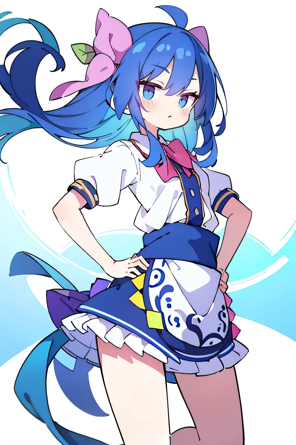 (masterpiece),best quality, expressive eyes, perfect face, 1girl,
 Put your hands on your waist,fair, Gorgeous,Japanese cartoons,girl,lola,Hina Angel, blue hair, blue haired, floating clothes,Grab your waist, Grab your waist, hands on hips , hands on hips,sit, sit on ground, Legs on the ground, flat chest