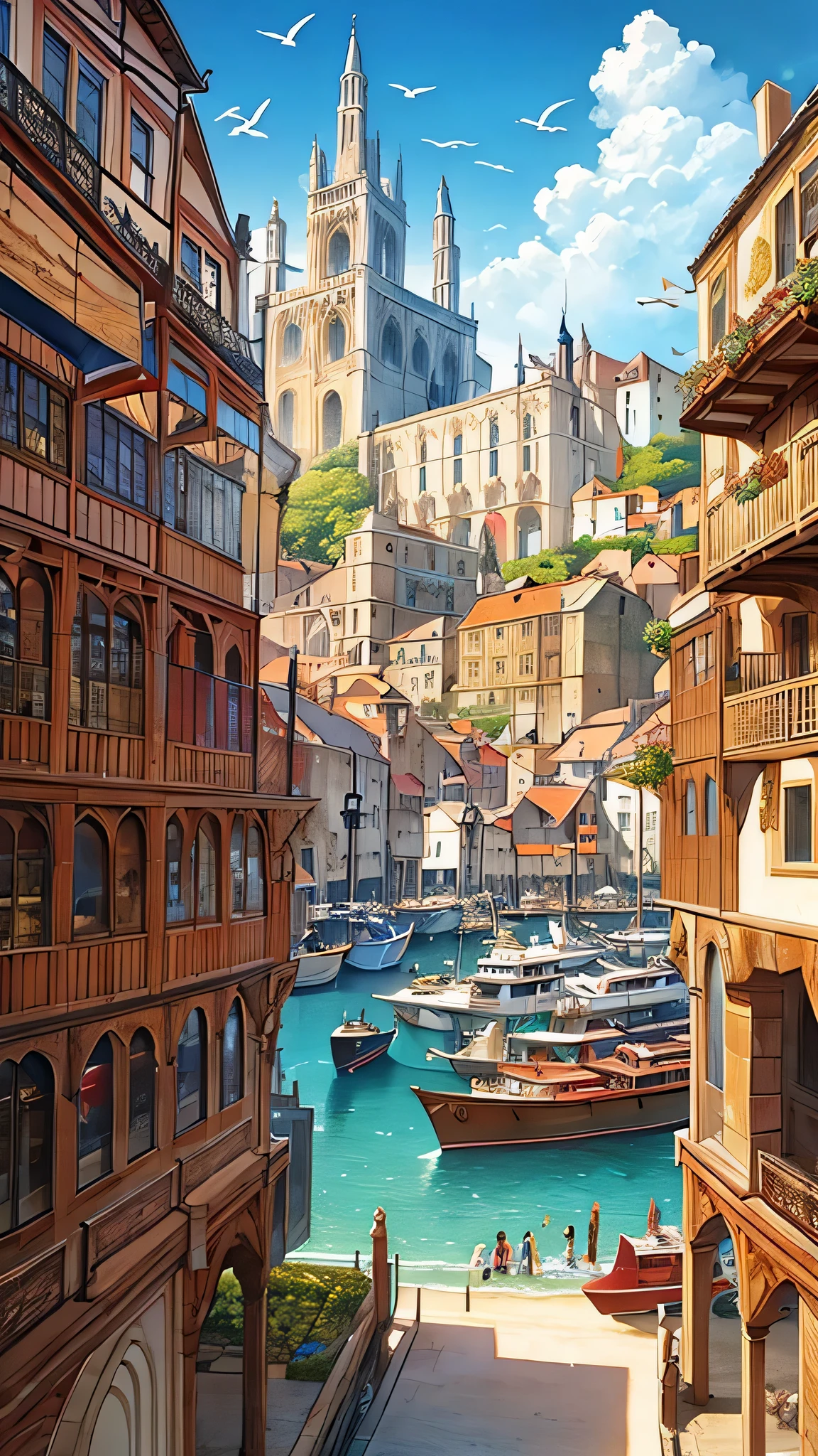 A detailed illustration of a bustling medieval port city with numerous ships docked, inspired by Renaissance maritime paintings, featuring intricate architectural details, vibrant market stalls, seagulls soaring overhead, daylight
