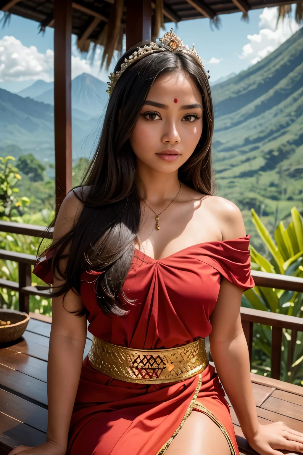 Best quality, high resolution, Masterpiece: 1.3,
Beautiful Balinese girl (gadis cantik Bali),
Wearing traditional Balinese attire (baju adat Bali) in vibrant red,
With a red Balinese sash (kamben Bali merah),
Gentle hands giving the sign of peace (Om Swastiastu),
Lush green background featuring Mount Agung (latar gunung Agung) in the distance.
Masterpiece, Soft and Radiant, Realistic,
1 girl, Captivating eyes, Delicate features,
Traditional Balinese accessories adorn her person,
Mount Agung'