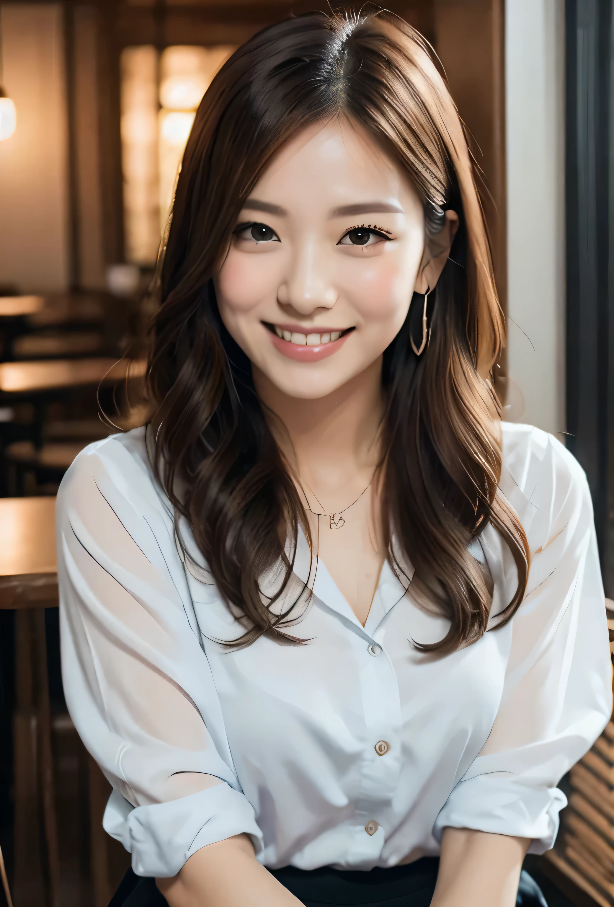 (8K, highest quality, masterpiece: 1.2), (realistic, photorealistic: 1.37), Super detailed, single girl, cute, alone, midnight, beautiful detailed sky, Detailed cafe, sitting, date, (blush), (smile: 1.15), small breasts (closed your mouth), beautiful small eyes, Floating hair NovaFrogStyle, white cutter shirt