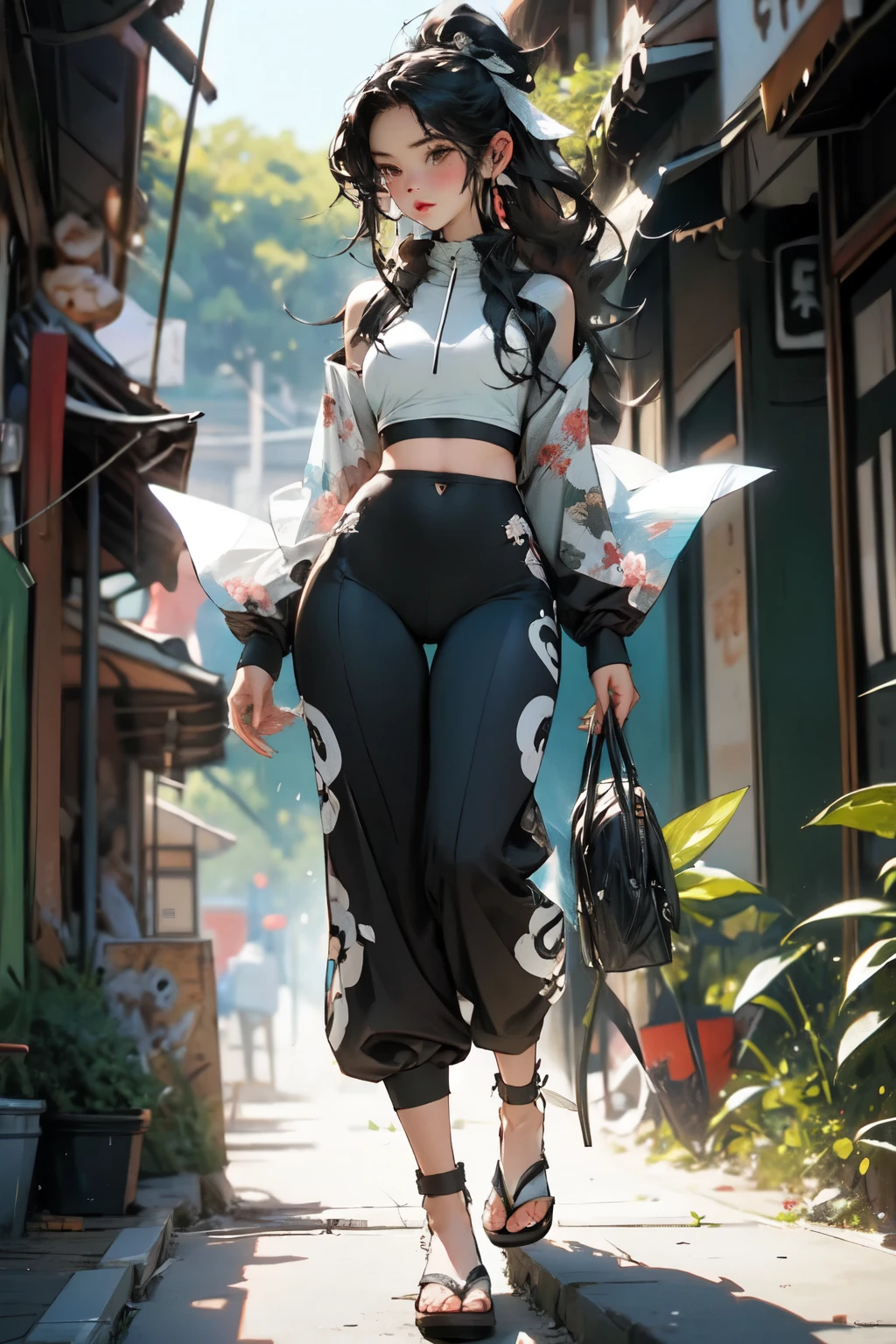 Ninja girl in a frog hoodie, long curly black hair with leaf like motifs, Japanese traditional sandals , black skin, Prioritiez frog hoodie, tan skin and leafs in her hair , adult woman, sports pants with expose hips, hip-hop sporty style, exposehips, g-strings line, open top with sports bra, exposes bossom , hips expose, expose waist

