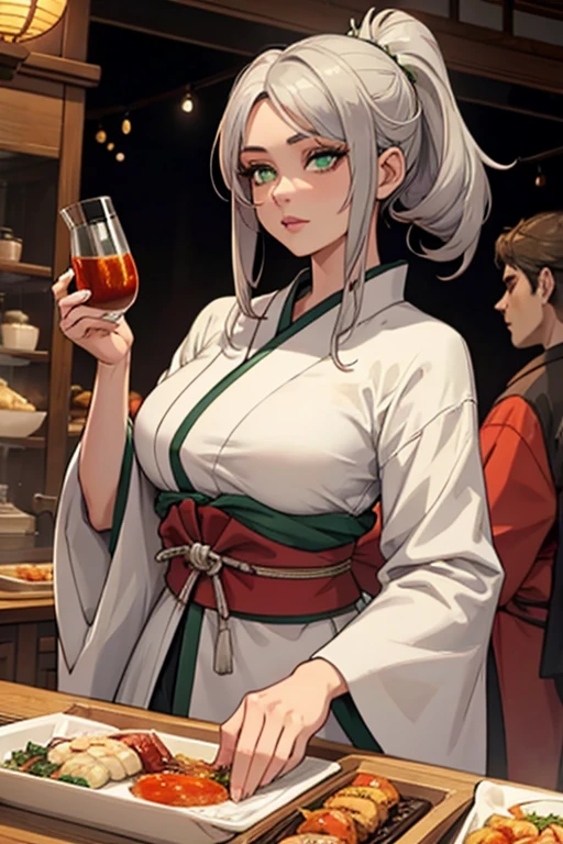a young silver haired woman with green eyes with an hourglass figure in a conservative traditional kimono is eating at a festival