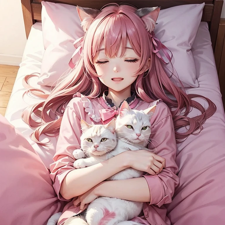 Shooting stars in the night sky、Cute pink cat、Cat sleeping on a pillow with eyes closed、A glow from the cat、Cat close-up、