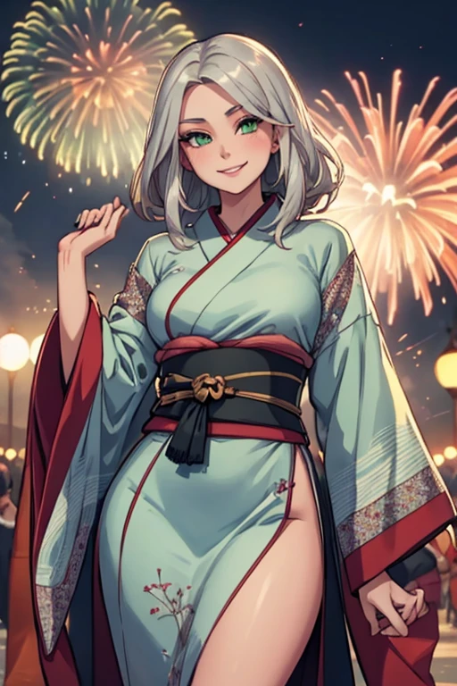 a young silver haired woman with green eyes with an hourglass figure in a conservative traditional kimono is watching fireworks with a smile