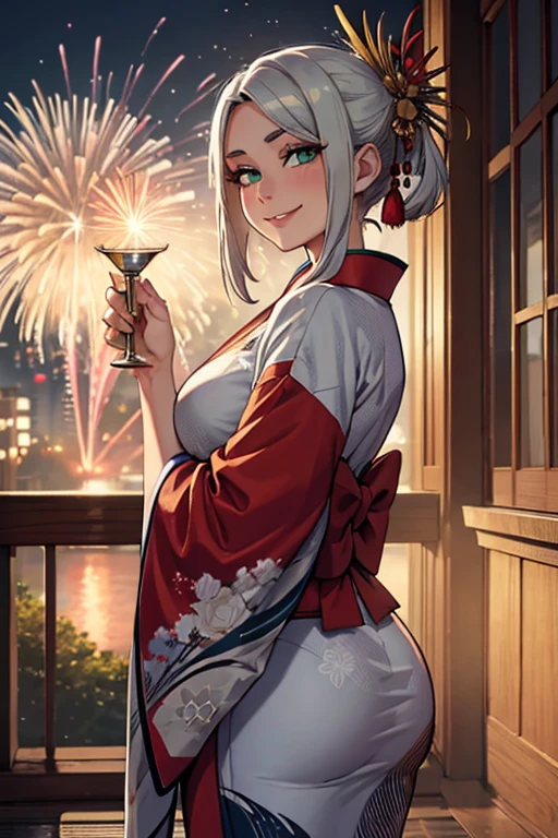 a young silver haired woman with green eyes with an hourglass figure in a conservative traditional kimono is watching fireworks with a smile