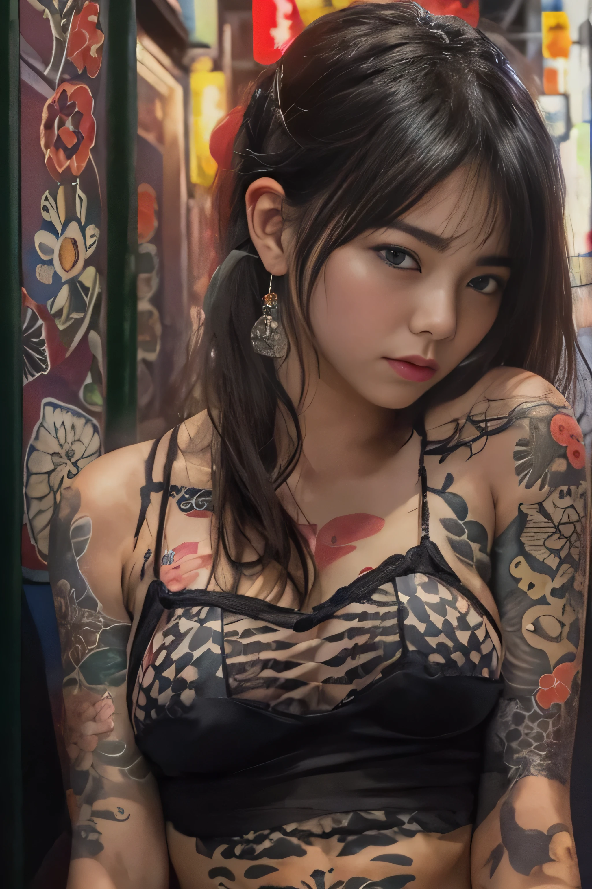 RAW image quality, Japanese, ************, embarrassed expression, Girl and Horihada, Yakuza, japanese mafia, Background of Tokyo Red Light District, realistic, Photoreal, masterpiece, highest quality, Movie photo of a Japan cartel gang with tattoos, spectacular lighting, japanese Yakuza tattoo, Japanese art, Japanese culture, sexy, exotic, erotic, black micro bikini, low rise, Medium bust, cleavage, thin pubic hair, sit with legs apart, biologically correct,