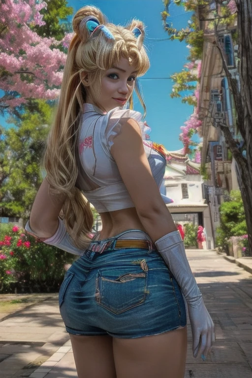 masterpiece, best quality, (1girl), supersailormoon, detailed face, smile, nigh sky, moonlight, moon, sakura trees, white gloves, detailed eyes, detailed face, fullbody, galazy background, gigantic breasts, giga_busty, back view from below