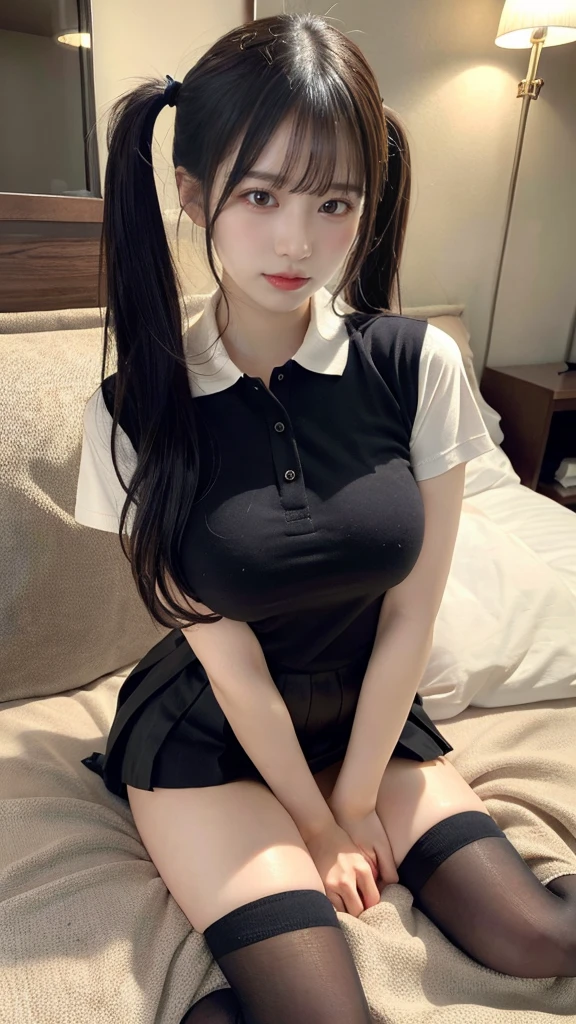 muste piece, best quality, illustration, Super detailed, fine details, High resolution, 8K,wall paper, perfect dynamic composition,(Details High quality, realistic depiction of eyes:1.3),  (Polo shirt with collar), pleated skirt, knee high socks, twintails, Lying down, black hair color, Big Natural Color Lip, bold sexy pose, (perfect body shape), crying a little、cold gaze, Harajuku style、20 year old girl、cute type、lolita、beautiful legs, hotel room, hposing Gravure Idol, Voluptuous thighs