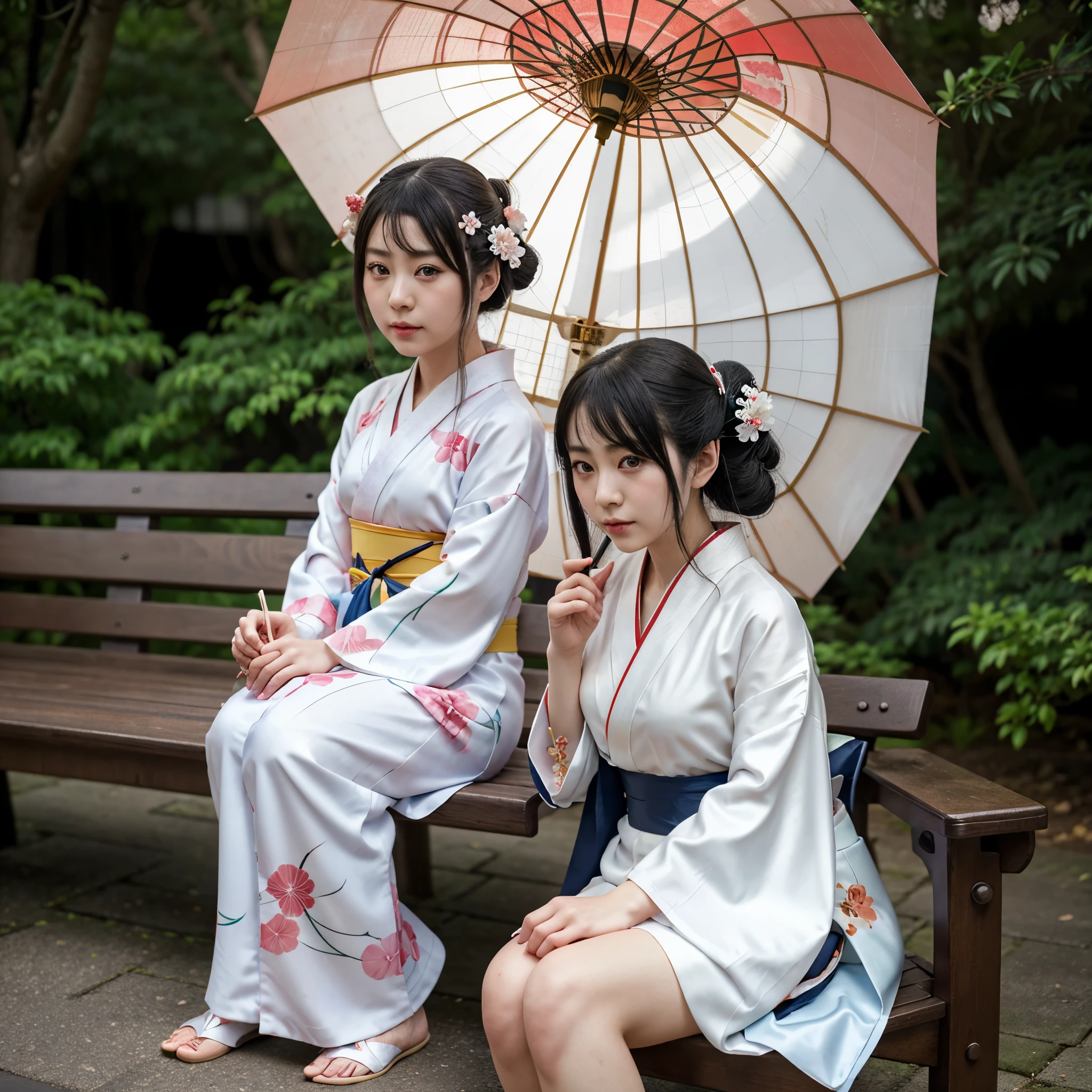 woman in kimono outfit sitting on bench with umbrella in hand, beautiful shining clear eyes, anime girl cosplay, anime cosplay, in kimono, wearing kimono, japanese kimono, in a kimono, wearing a kimono, kimono, cosplay, white hanfu, cosplay photo, classic kimono, japanese clothes, japanese goddess, traditional geisha clothing, anime girl in real life, onmyoji, traditional beauty