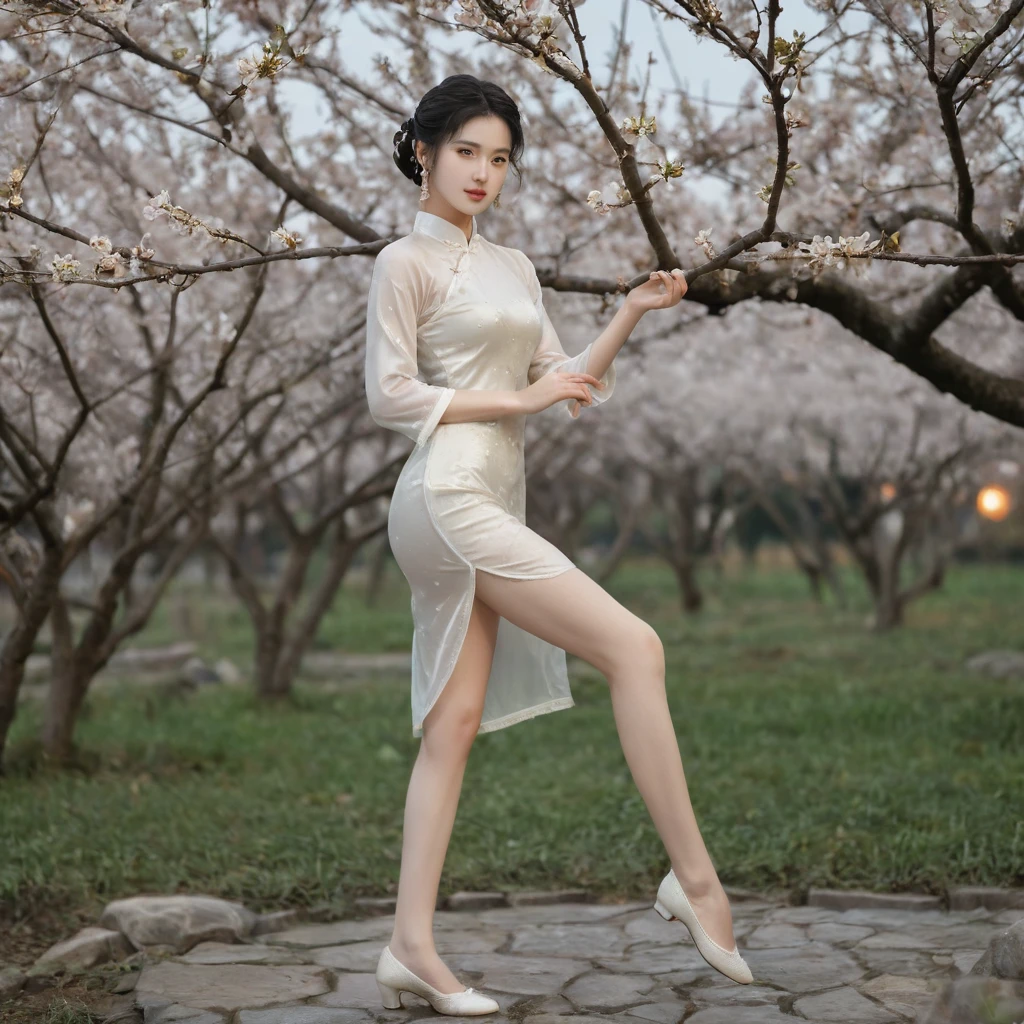 raw photo, realistic, Liu Yifei wears thin wet transparent white qipao, light smile, (extreme detailed face, detailed skin), slim body, tight waist, thin thighs, thin legs, huge round breasts, pearl earrings, double hair bun, silk bandeau, thin wet stockings, silk shoes, show thighs, show feet, full body shot, kungfu pose in garden, blooming plum trees, soft lights on face, dusk, windy, warm tone.