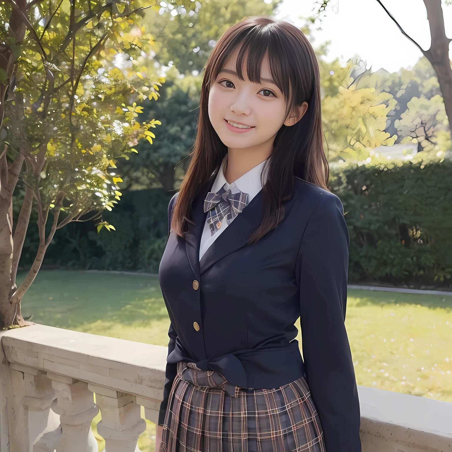 (highest quality、masterpiece:1.2)、highest quality、realistic、photograph、High resolution、1080p、8K、Pale, rough skin、The face is especially pale., physical rendering、((Height: 155cm)), one Japanese girl、((A 15-year-old siren who looks like a Japanese junior high school student)), , (((big very detailed beautiful dark brown eyes))), ((blue girly large wine-red glossy polyester Japanese school ribbon bow tie)), ((((Beautiful, lustrous, wavy hair that reaches down to the waist)))), ((((deep blue colored tartan checkered formal long pleated pleated skirt)))), ((A formal dark blue blazer that is slightly oversized and has an emblem on the left chest.)), (((Looking at the viewers with loving eyes, smiling))), ((((((Very happy)))))), mouth is open, The big skirt is very cute, detailed fingers, Slender body, ((curled bangs)), so beautiful, long eyelashes, ((Very big and very very very cute eyes of a Japanese girl)), ((large pupils)), double eyelids, The entire skirt is photographed, Very cute face, thin eyebrows, ((drooping eyes)), ((long eyelashes)), ((cute lovely lovely laughing laughing cheeks)), ((The pure white light hits her face from the front, making her skin and eyes shine beautifully.)), (((((Very neat and so beautiful))))), shot from the side, ((idol face)), ((The sun is shining on my cheeks))