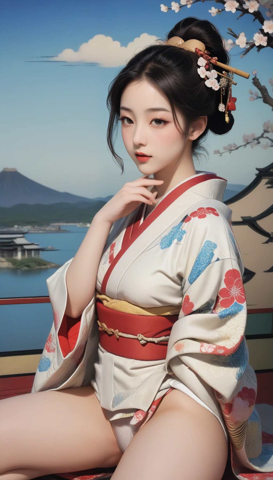 Follicle-stimulating hormone,(masseter membrane、top quality、Ukiyo-e style、mystery、Exquisite and beautiful、official art、Sharaku:1.2)、(1 girl touching:1.3)、(Realistic:1.3)、cowboy shooting、White skin、(beautiful brunette、kimono:1.2)、Blue sky and white clouds with cherry blossoms as background、rich and colorful、(Belongs to Japanese style:1.2)、glowing skin,open thighs:1.9,Lift your hips:2.0
