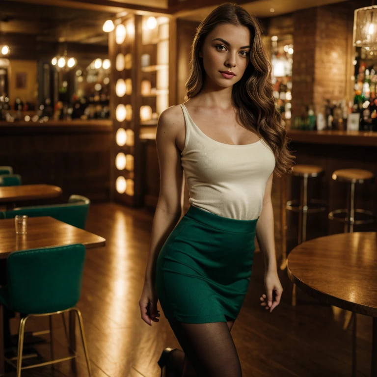 ((best quality)), ((Masterpiece)), ((ultra realistic)),(Dynamic sexy pose), Masterpiece of Anna , 1 italian girl 175 cm tall, age25, Solo, Aesthetic artwork, italian brunette, wavy brunette hair, shoulder length brunette hair, green eyes, light green eyes, long perfect legs, some small freckles, pale skin, A-cup, medium breasts, athletic body, detailed skin texture, Professional whole body photo, model standing pose, (Photo 4K:1.1) in a seedy bar, looking at viewer, nervous, (extremely detailed 8k wallpaper), golden hour, high quality, film grain, Fujifilm XT3 sharp focus, f 2.6, 135mm, High Detail, Sharp focus, (mood light), figure hugging black pencil skirt, tight emerald green shirt, partially unbuttoned, black silk stockings, decolletè shoes with high heels , crazy details, complex details, hyper detailed