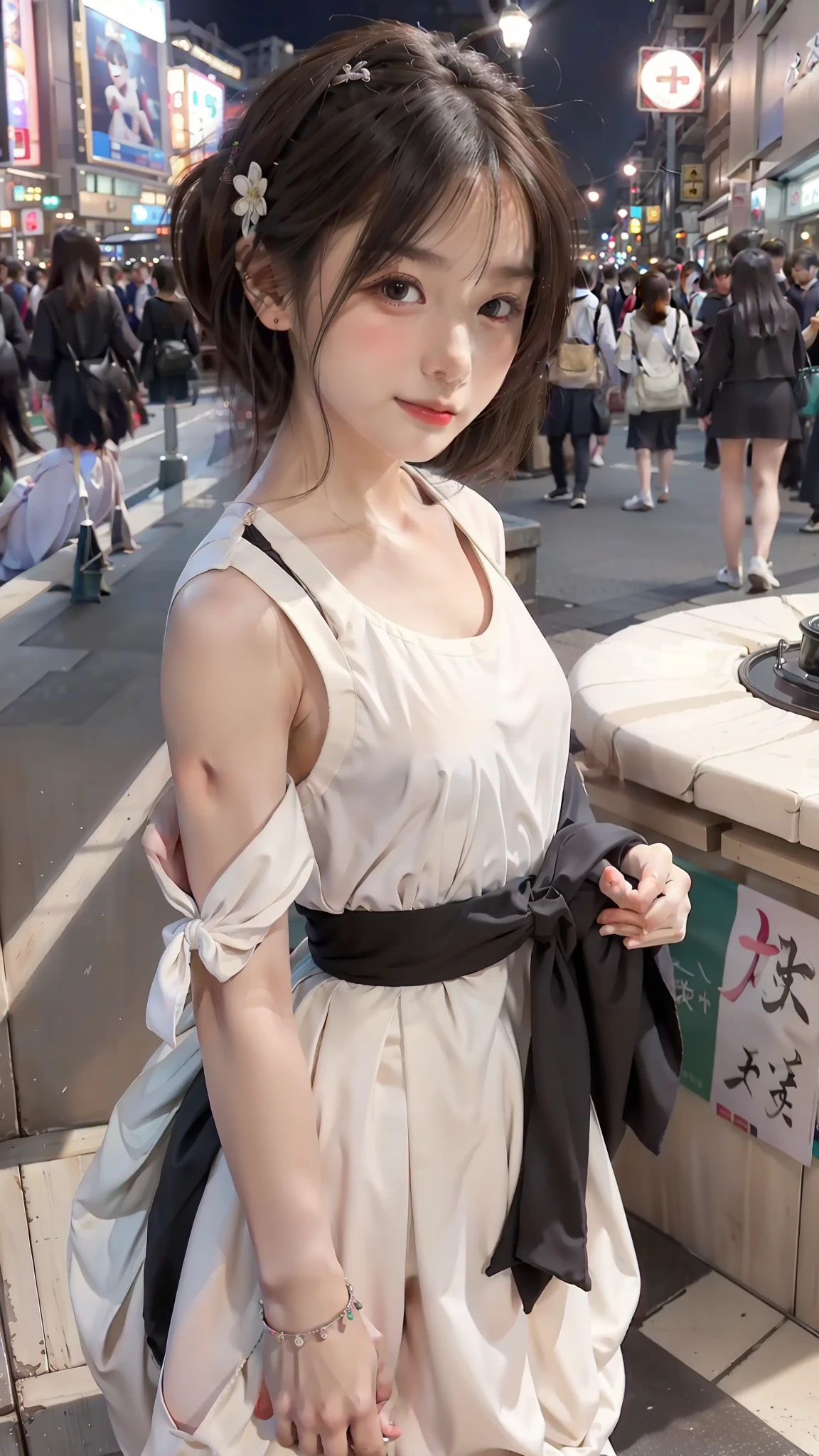 （RAW photo，4k，High resolution，very complicated）（Realistic：1.4）Maid clothes、girl 1、highest quality、8K、delicate、detailed、tokyo street、reality、超Realistic、at night、City of night、short hair
