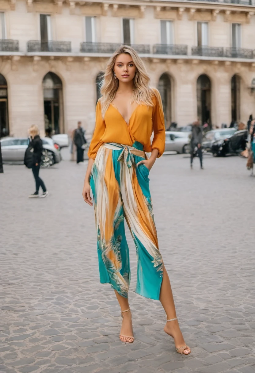 (((Full body shot))), (((bare feet))), ((Standing on the ground)), perfect blonde, Young woman, in Paris, perfect body, stunning beauty, realistic image, ultrarrealistic, colorful clothes, victoria secrets model, curvy body