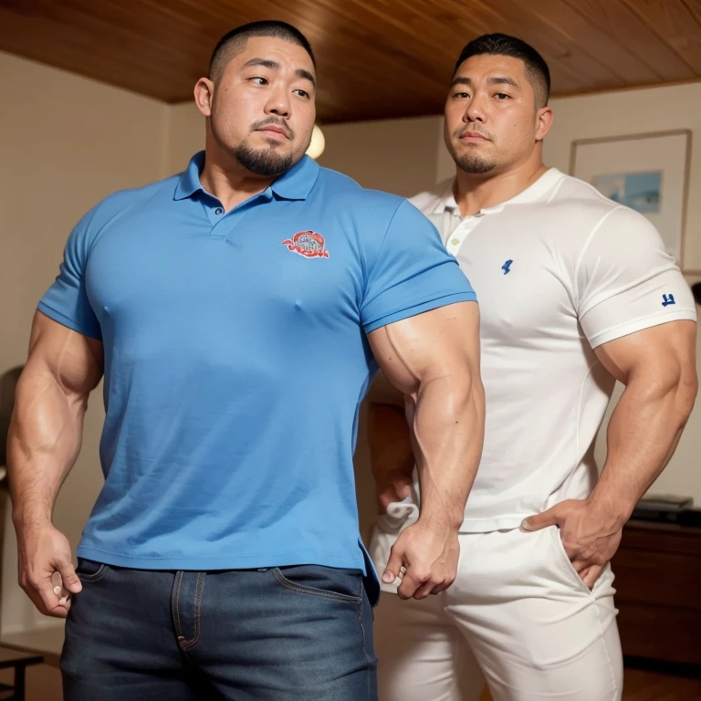 full body,(looking away:1.2), (sexy look:1.2), (kissing each other:1.2), (polo shirt:1.2), (at living room:1.2), Japanese man, manly face, (round face:1.2), (monolid eyes:1.2), (crew cut:1.2), very large and strong body, bulky body, beefy muscles, (bulging muscles:1.2), (very large pectoral muscles:1.2), (muscular arms:1.2), muscular abs, muscular legs, muscular back, bright oily skin, (realistic:1.2), distant view