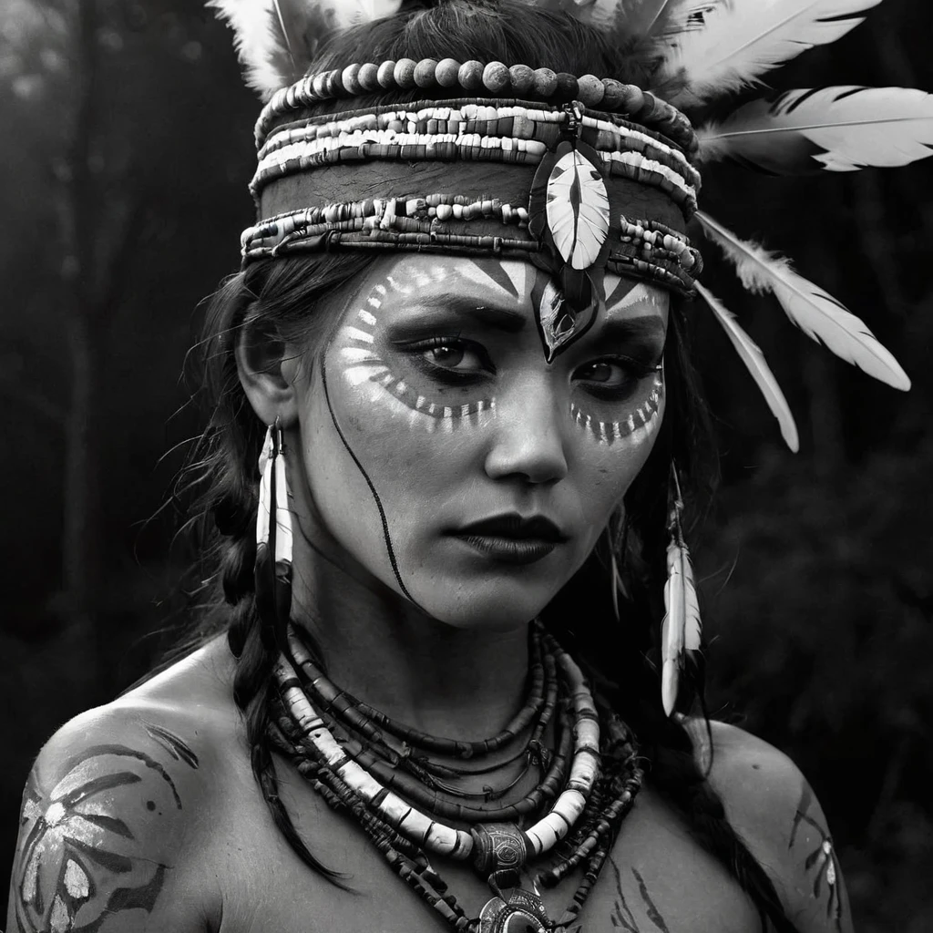 Close-up, a female Shaman of the Native Americans of the Crow tribe. War paint, Feathers, Beads, beads . Gloomy night lighting. The background is a moonlit night in the forest. Hyperdetalization. Elegance, splendor, perfection, beauty, inspired by @ralphlentjes, chiaroscuro, high contrast, textured look, black and white still, digital Art, perfect composition, beautiful detailed intricate insanely detailed octane render trending on artstation, 8 k artistic photography, photorealistic concept art, soft natural volumetric cinematic perfect light, chiaroscuro, award - winning photograph, masterpiece, oil on canvas,, intricate details as seen in octane rendering, High Resolution, High Quality, Masterpiece