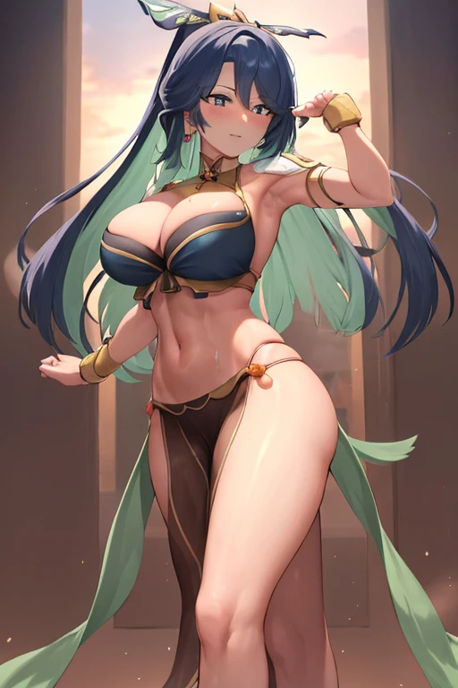 masterpiece, best quality, beautiful art, high resolution, well formed hands, body and fingers, 1 woman, solo, Xianyun,big breasted, cleavage, full body, , wearing a Mata Hari outfit, sexy and skimpy arabian belly dancer outfit, sexy arabian belly dancer, long  hair, hair ornament, gorgeous legs and thighs,  she is fighting in a combat match at a martial arts tournament, she is getting ready to fight, making her guard pose, action and fighting scene, about to hit the viewer, looking at the viewer, sweating , feeling confident and proud, smiling joyfully and happily, charming her opponent with her beauty, bouncing  breasts, fighting scene, martial arts tournament on the beach 