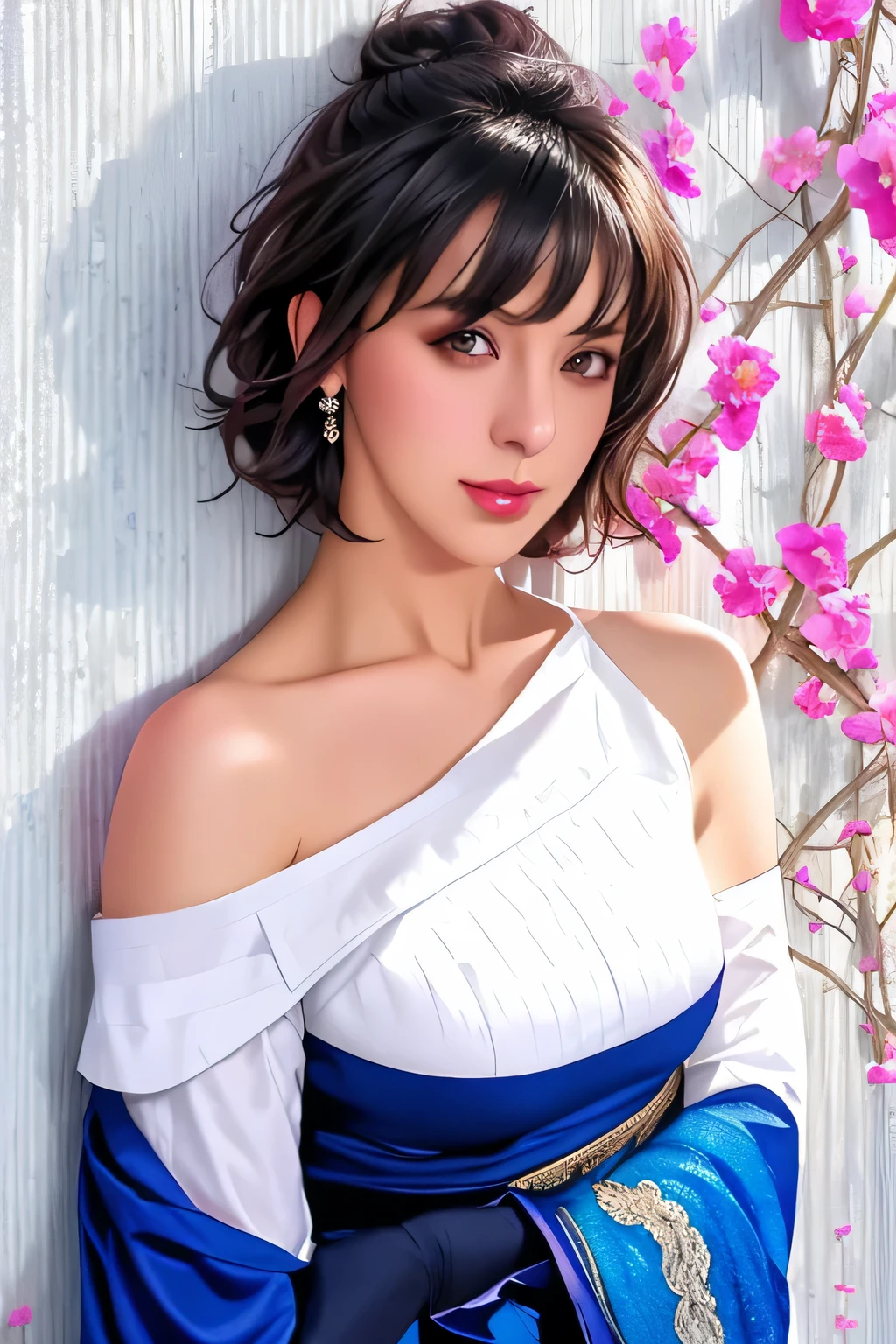 1 girl, Bethel, black eye, bare shoulders, chest, medium chest, short hair, gray hair, hair above one eye, bangs, gloves, No sleeve, alone, shirt, fingerless gloves, white shirt, No sleeve shirt, turn your arms behind your back, off shoulder, horn,masterpiece), (highest quality), (super detailed), outdoors, (((Colorful block wall background))), blue flower, 