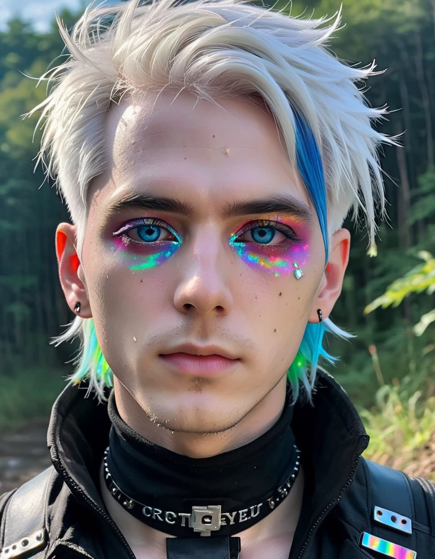 Cyberpunk man, young man, manga, detailed writing, light blue and black clothes, mechanical collar, mechanical collar, rainbow prisms on white hair, thin rainbow colored tips, sharp nails, oversized, rainbow colored eyes, light and dark, contrast, prism, long eyelasheale, androgynous, steampunk, densely packed small parts, rain, muddy stream, drops, getting wet ,rainbow light、Fine Machinery、Dense collection of small parts、/relax --ar 3:4