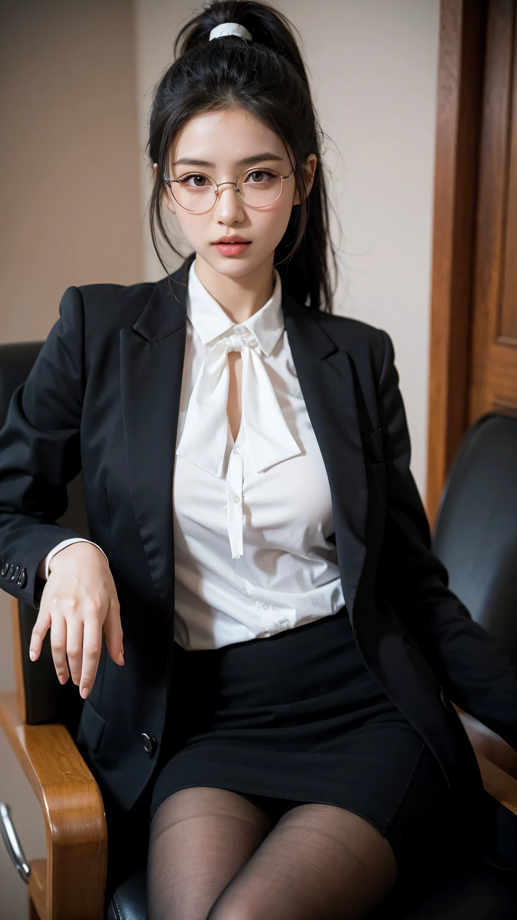 Arafed woman in a black suit and white shirt sitting in a chair - SeaArt AI