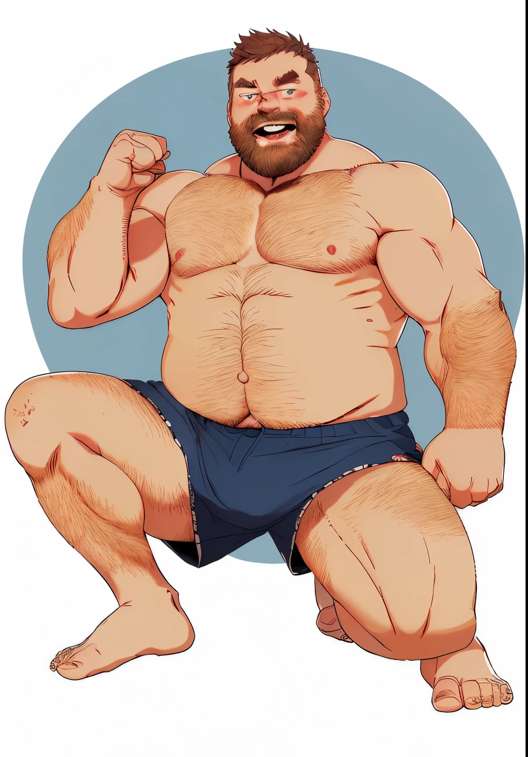 Ginger hair，short hair，Big and fat，muscle，anime style，blue eyes，Stupid laugh，Bearded man，legs spread apart