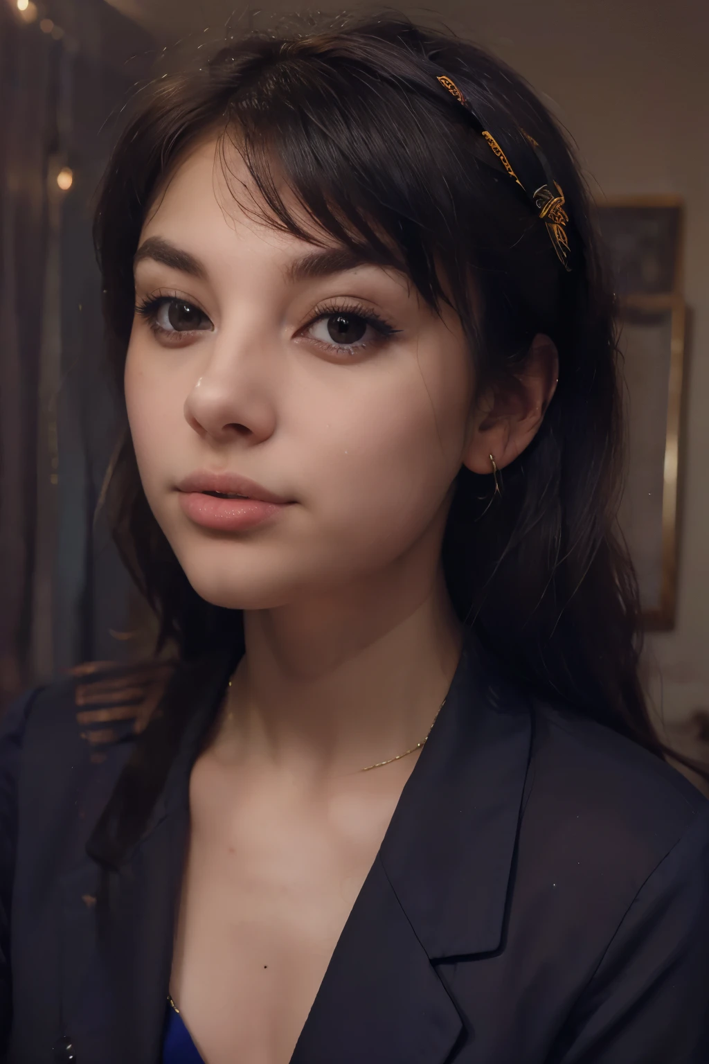 8K, Best Quality, 1girl, (Skindentation), night time, (Dark), Clear background in the room, (people), beautiful bangs, Gorgeous,, (Clothing and uniforms:1.3),soft-lighting, Attractive, Dark room, (mouth closed:1.2, Beautiful eyes, detailed eyes, detailed iris, Beautiful lips, beautiful nose, beatiful face),(Primary colors:1.5)