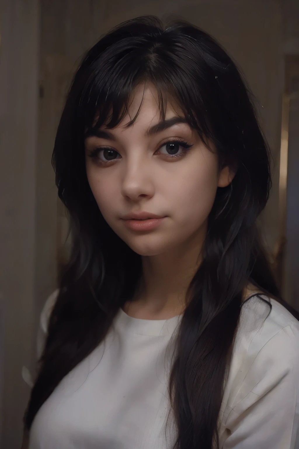 8K, Best Quality, 1girl, (Skindentation), night time, (Dark), Clear background in the room, (people), beautiful bangs, Gorgeous,, (Clothing and uniforms:1.3),soft-lighting, Attractive, Dark room, (mouth closed:1.2, Beautiful eyes, detailed eyes, detailed iris, Beautiful lips, beautiful nose, beatiful face),(Primary colors:1.5)