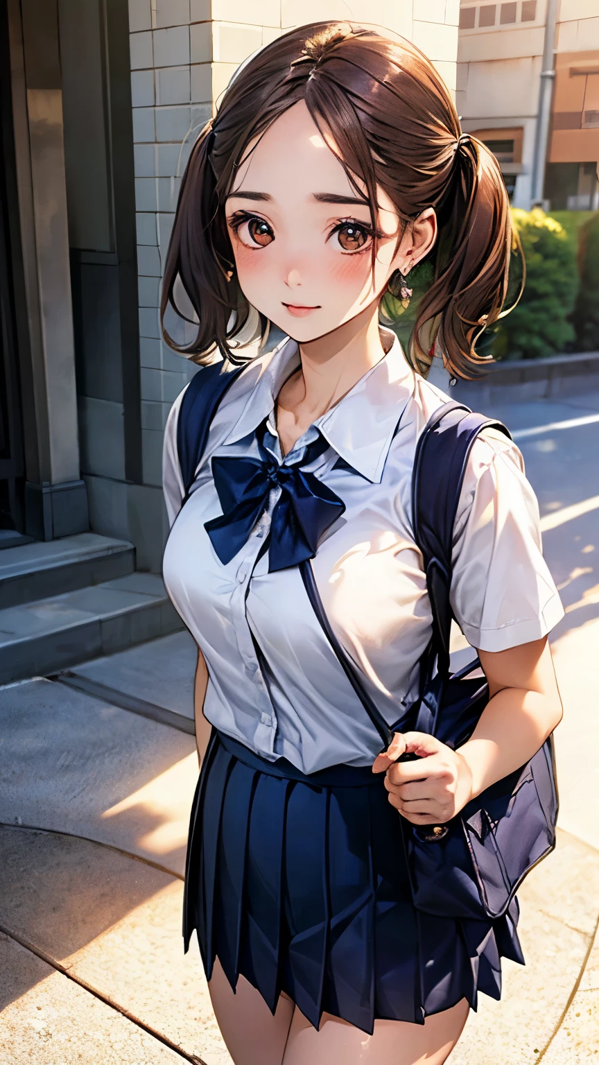 (masterpiece:1.2, highest quality), (realistic, photorealistic:1.4), beautiful illustrations, (sunshine),  whole body, 1 girl, Japanese, high school girl, perfect face, Cute symmetrical face, shiny skin, , (short hair, low twin tails, light brown hair),Forehead Girl, brown eyes, Big eyes, droopy eyes, (medium breasts, seductive thighs, big ass), earrings, beautiful hair, beautiful face, detailed and beautiful eyes, beautiful clavicle, beautiful body, beautiful breasts, beautiful thighs, beautiful feet, beautiful fingers, ((white collared shirt, navy blue pleated mini skirt, , white socks)), brown school bag, (beautiful scenery), evening,  Are standing, 