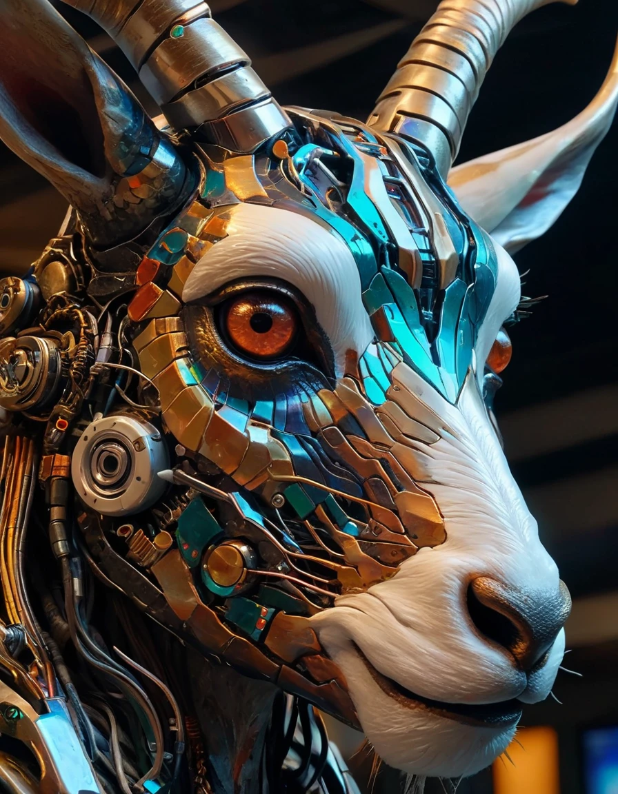 a close up of a sculpture of a goat's head, by Android Jones, android jones and rhads, android jones and chris dyer, painting by android jones, inspired by Android Jones, petros afshar speedart, stunning digital illustration, trending digital fantasy art, exquisite digital illustration, cyborg jackalope cyberpunk, archan nair, sleek mecha female dragon head
