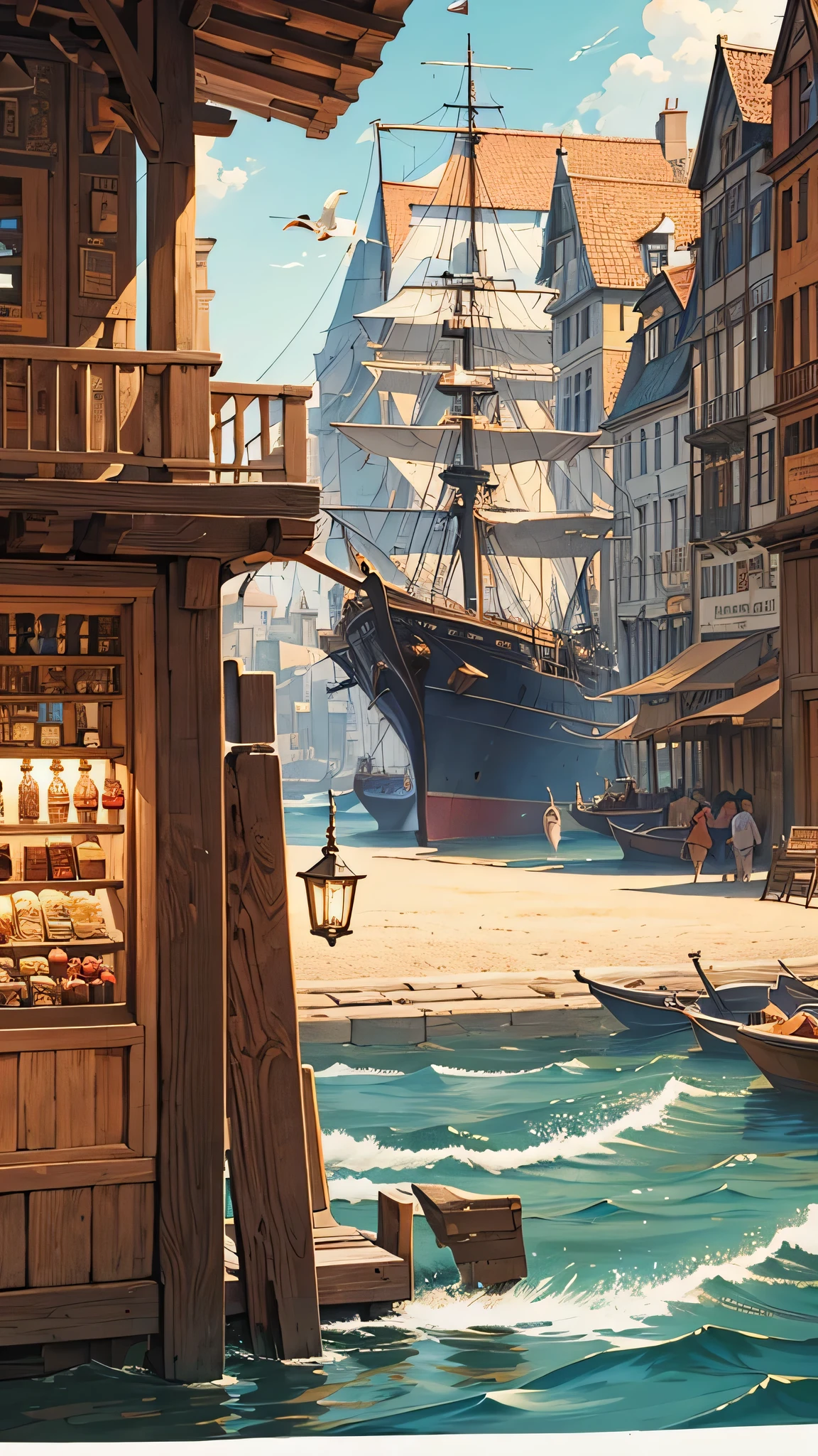 A detailed illustration of a bustling medieval port city with numerous ships docked, inspired by Renaissance maritime paintings, featuring intricate architectural details, vibrant market stalls, seagulls soaring overhead, daylight