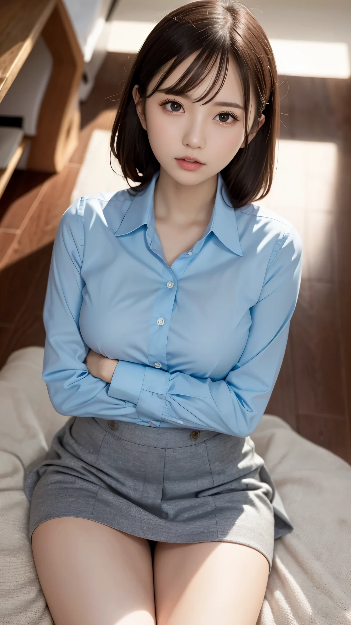 highest quality、professional writing、 Detailed workmanship、(perfect anatomy:1.3), high resolution、(8K, High resolution:1.2)、(RAW photo, photorealistic:1.3)、masterpiece、slender body shape、high definition face、Face is in focus、high definition eyes、(Focused, symmetrical pupils:1.2)、slim body shape、High-definition and beautiful skin、firm skin、natural makeup、gross lip, High-definition hair texture、 japanese woman、unparalleled beauty、、cute, (half updo:1.3), (office) break (business shirt、pencil skirt:1.3)) break (thin legs:1.3), (lying on one’s back:1.3), (multiple pose:1.3), very cute, (very embarrassed:1.3), (blush:1.3), (afraid:1.3), Strange look、shot from above:1.2、(shirt front open:1.2), (cleavage, nsfw)