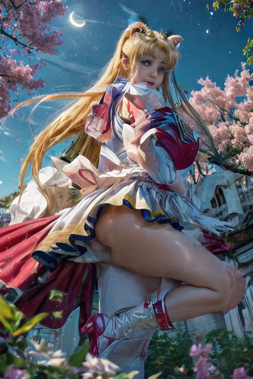 masterpiece, best quality, (1girl), supersailormoon, detailed face, smile, nigh sky, moonlight, moon, sakura trees, white gloves, detailed eyes, detailed face, fullbody, galazy background, gigantic breasts, giga_busty, front view from below