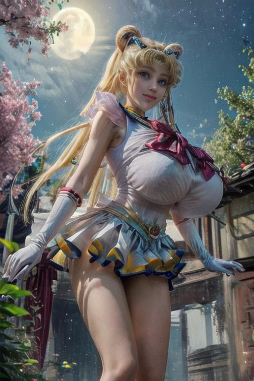 masterpiece, best quality, (1girl), supersailormoon, detailed face, smile, nigh sky, moonlight, moon, sakura trees, white gloves, detailed eyes, detailed face, fullbody, galazy background, gigantic breasts, giga_busty, front view from below