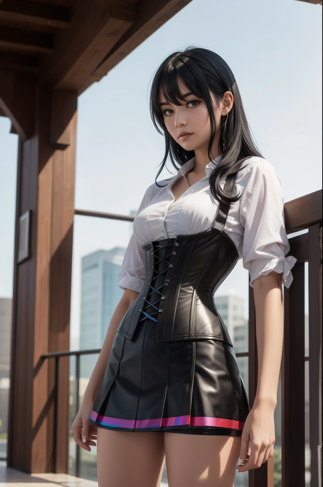 black hair with rainbow streaks, corset, miniskirt