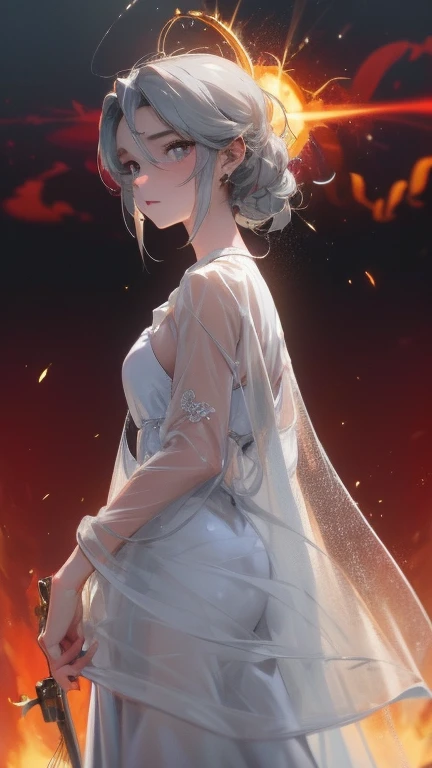 obra maestra, Exquisito, illustration, {chica hermosa y meticulosa}, halo hermoso y detallado, (fuego de guerra: 1.2), (nuclear explosion behind: 1.3), lluvia, detailed lighting, detalle agua, (ojos hermosos y detallados: 1.1), inexpresivo, palacio, pelo azul cielo, pelo disperso, flequillo largo, Cejas, (grayish white dress: 1.1), lazo negro, pajarita blanca, abdomen superior, frente grande, aburrido, flor, mangas largas