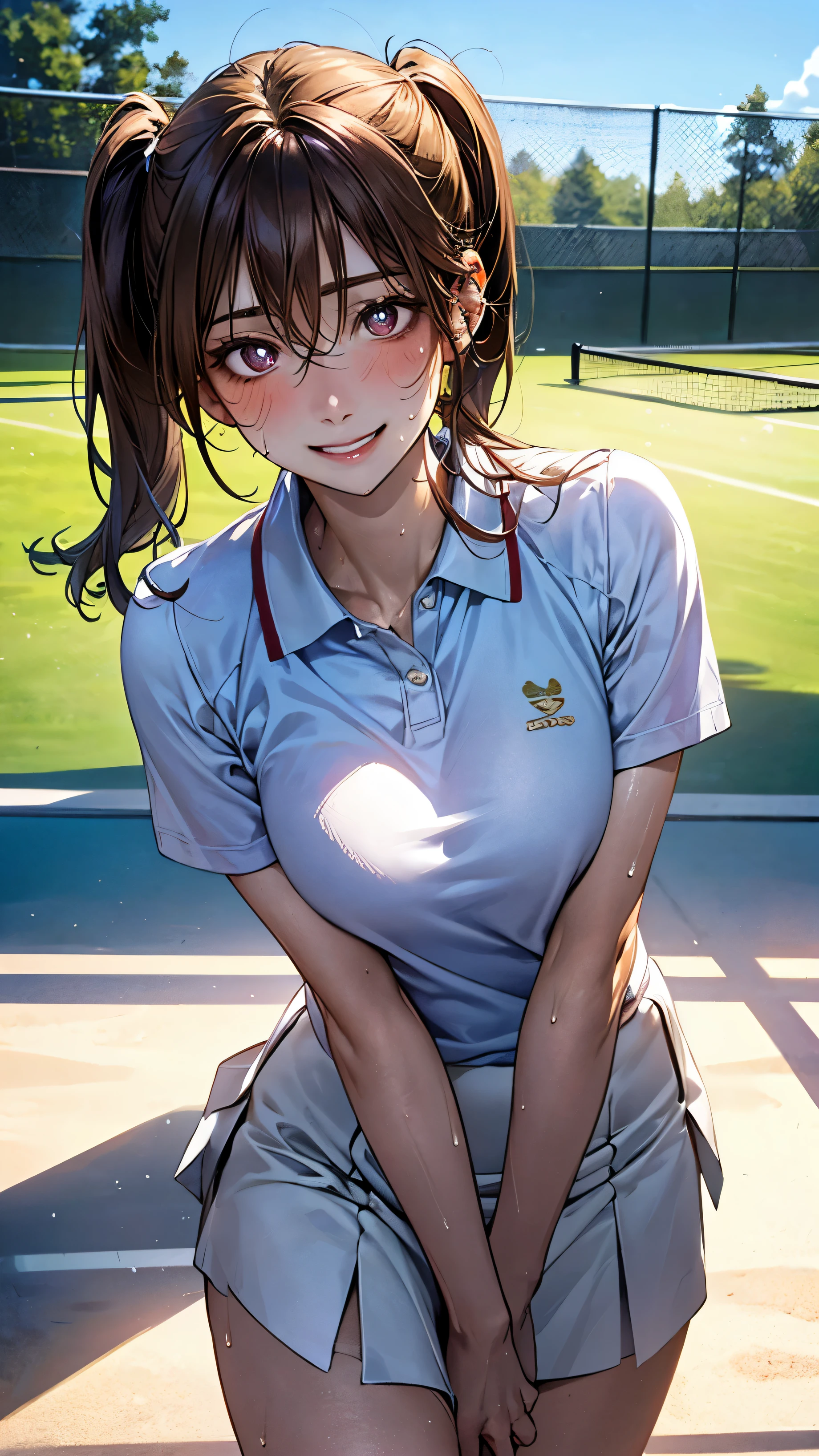 (masterpiece:1.2, top-quality), (realistic, photorealistic:1.4), beautiful illustration, (natural side lighting, movie lighting),
looking at viewer, cowboy shot, front view, 1 girl, japanese, high school girl, perfect face, cute and symmetrical face, (shiny skin, sweaty:1.4), babyface,
(short hair:1.2, twintails:1.5, light brown hair), hair between eyes, gold eyes, (middle breasts, seductive thighs, big ass),
beautiful hair, beautiful face, beautiful detailed eyes, beautiful clavicle, beautiful body, beautiful chest, beautiful thigh, beautiful legs, beautiful fingers,
((white polo shirt, white sneakers, navy miniskirt, tennis wear),
(beautiful scenery), evening, outdoor, sky, realistic pupils, (lovely smile, upper eyes),